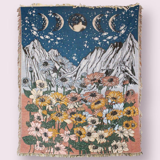 Sunflowers & Moon Cotton Heavy Throw Blanket w/ Fringe