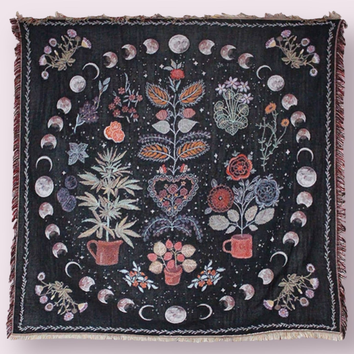 Flower Garden & Moon Cotton Heavy Throw Blanket w/ Fringe