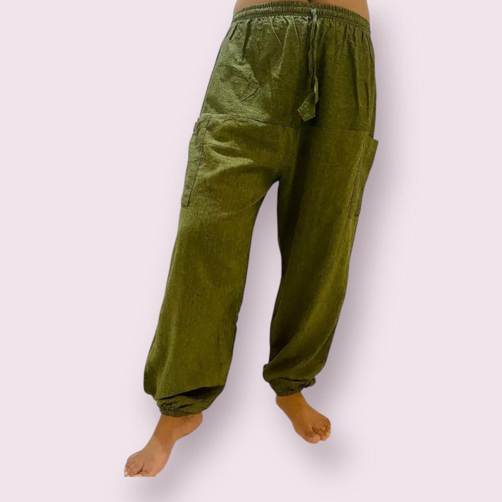 Green Solid Color Cotton Unisex Harem Pants