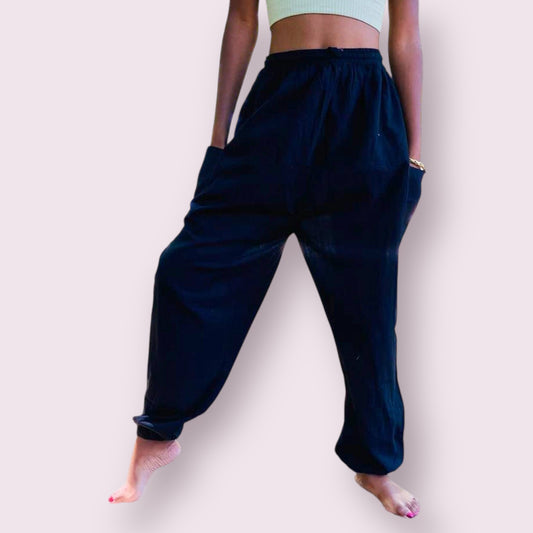 Black Solid Color Cotton Unisex Harem Pants