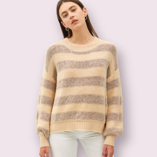 WOOL BLEND LARGE STRIPED COZY SWEATER: Poppy