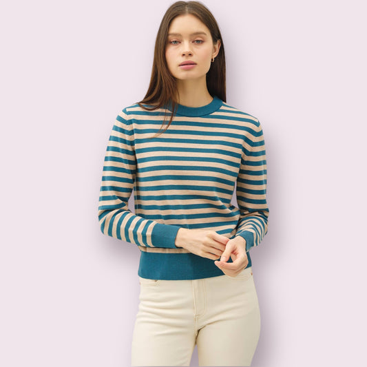 CLASSIC STRIPE CROPPED SWEATER: TEAL