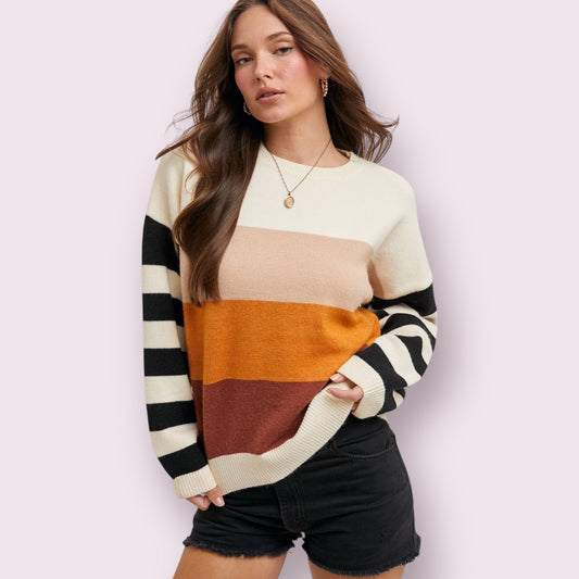 COLOR BLOCK SWEATER PULLOVER: BEIGE/HAZELNUT