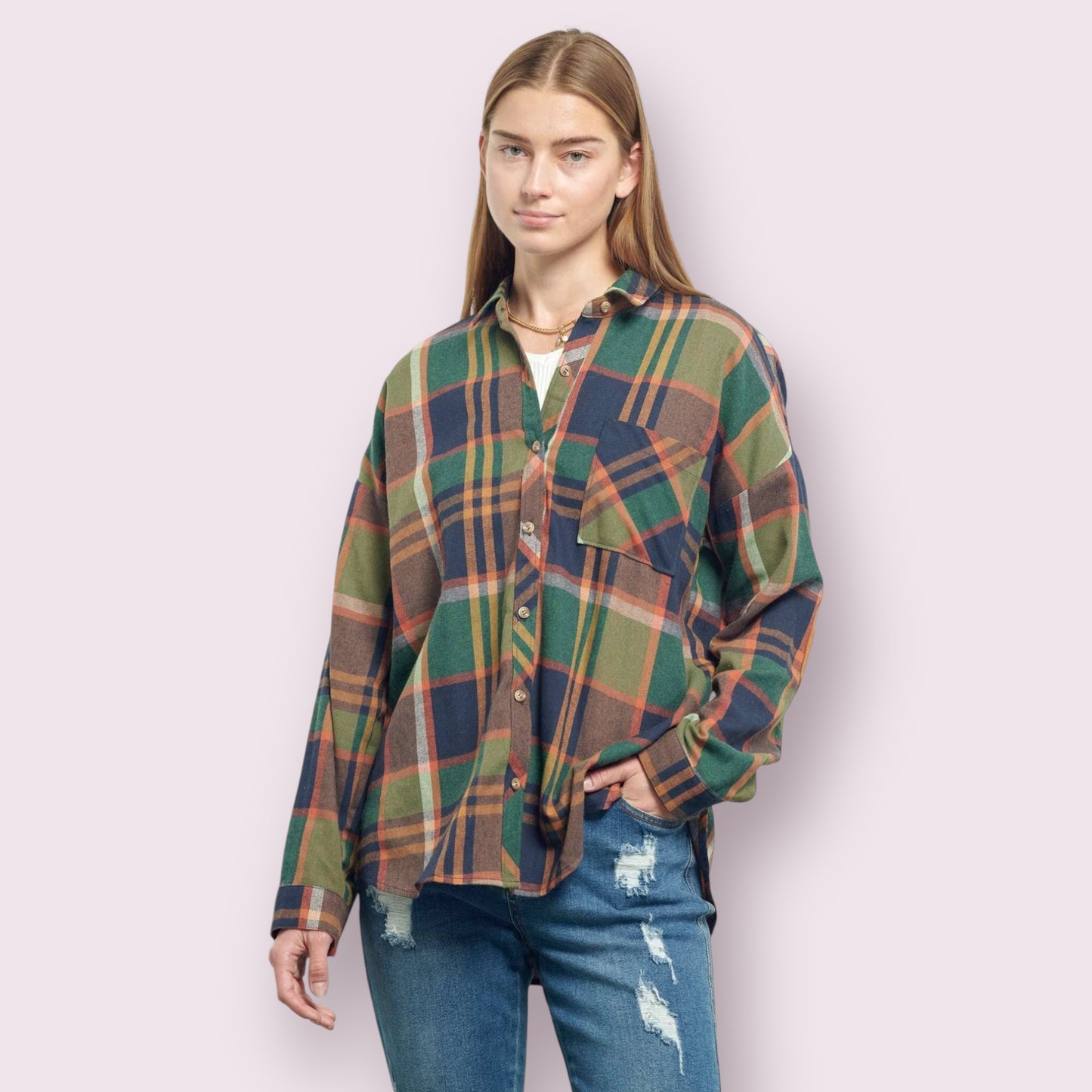 Green Elbow Patch Plaid Shirt