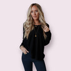 Flattering Open Back Thermal Knit Top - Black