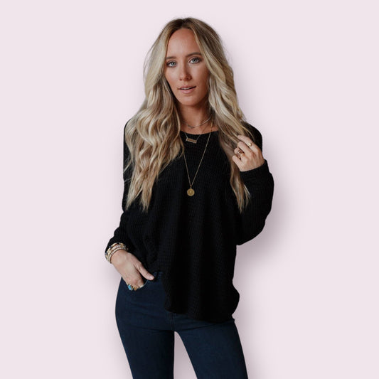 Flattering Open Back Thermal Knit Top - Black