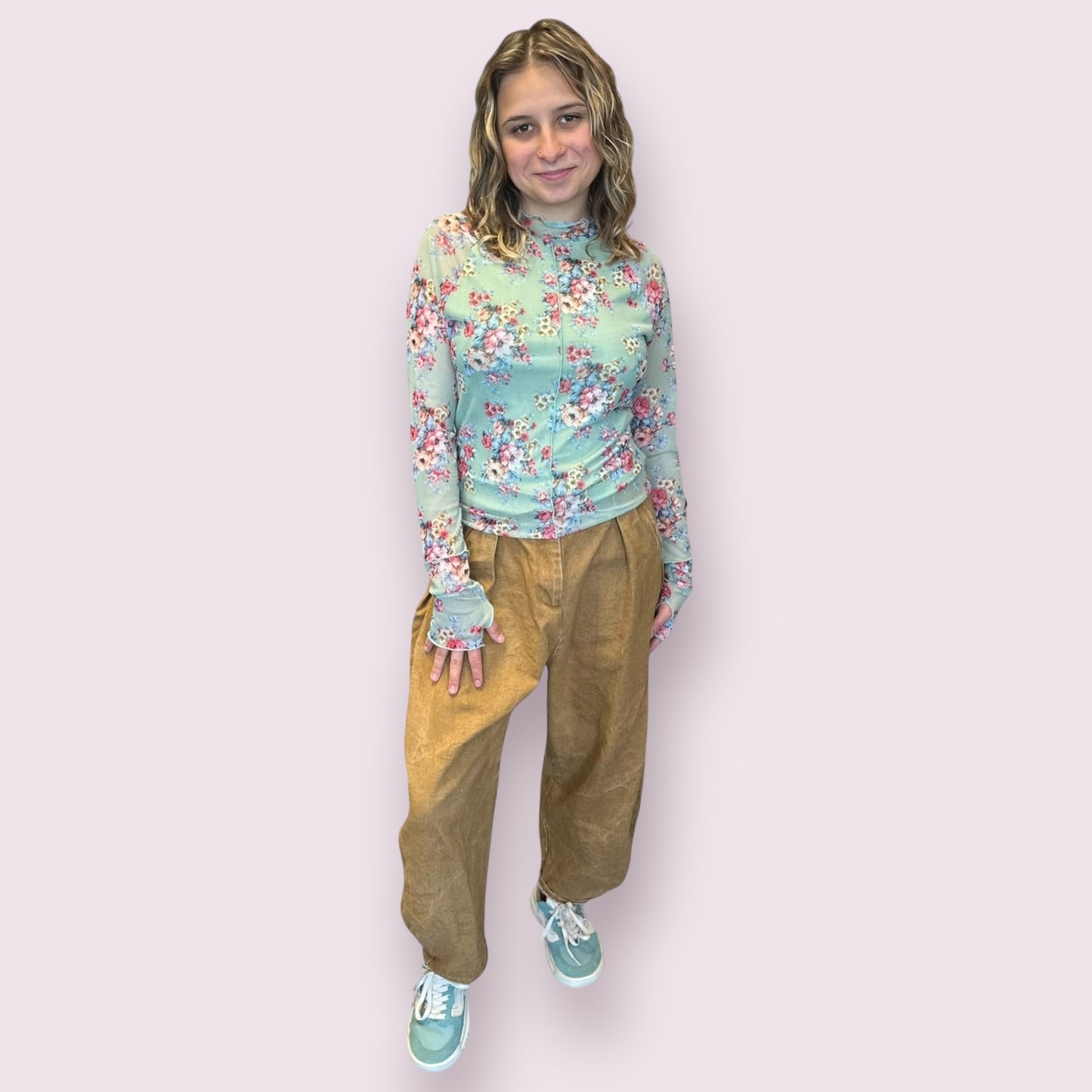 MOCK NECK LONG SLV FLORAL PRINT STRETCHY MESH TOP: LIGHT SAGE