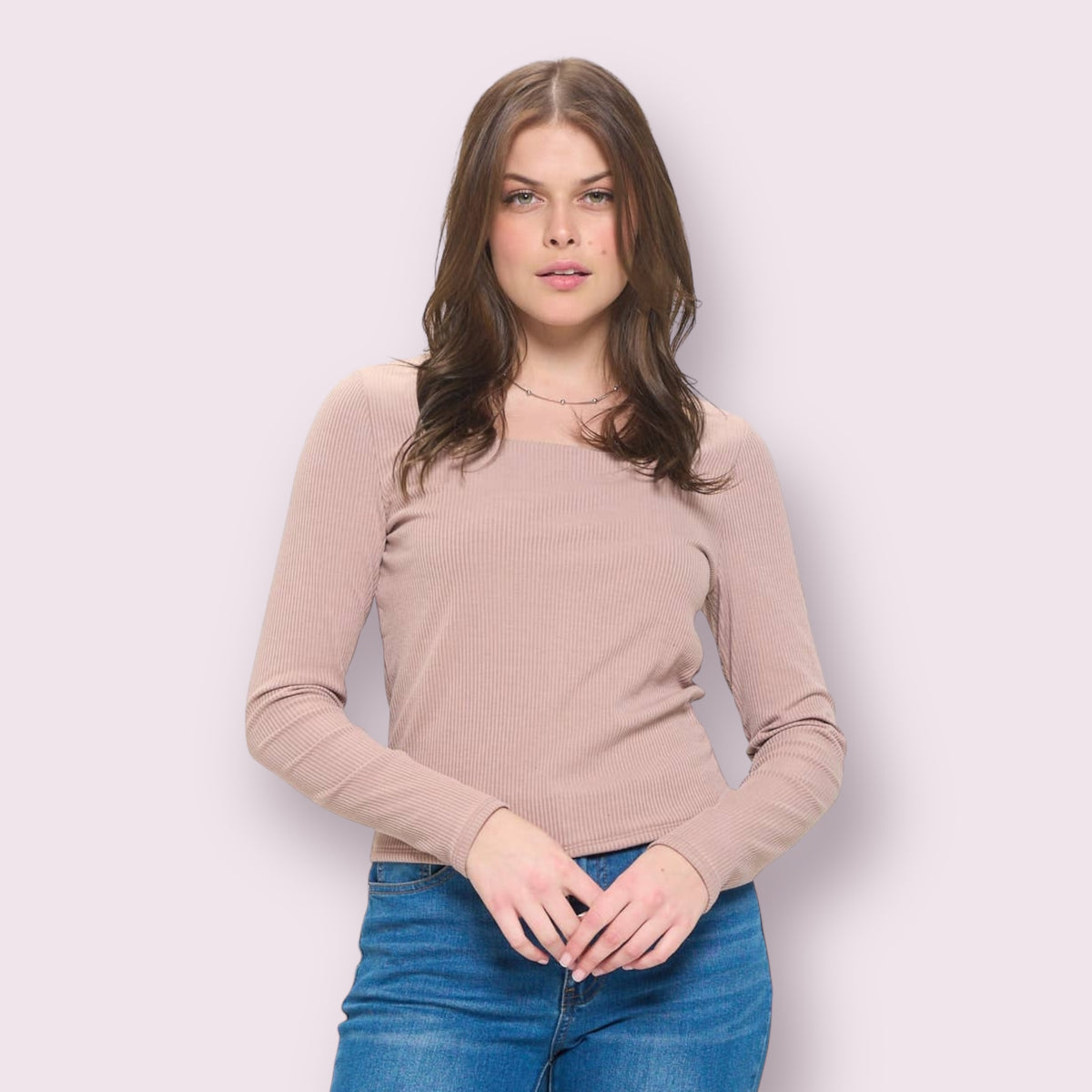 LONG SLEEVE RIBBED KNIT SQUARE NECK BASIC TOP: TAUPE