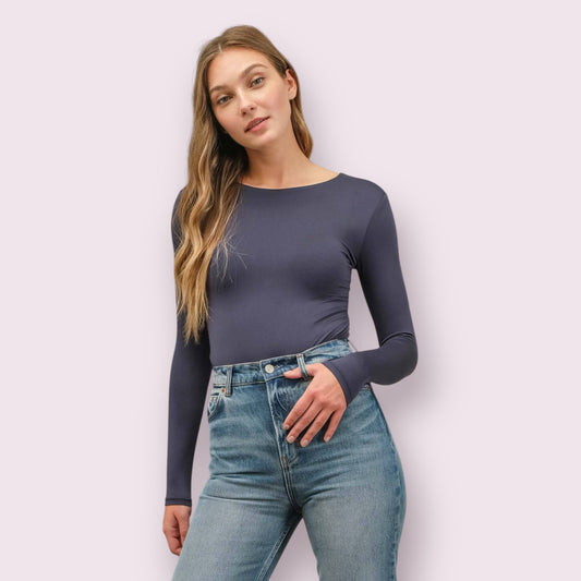 SOLID ROUND NECK LONG SLEEVE BODYSUIT: NAVY