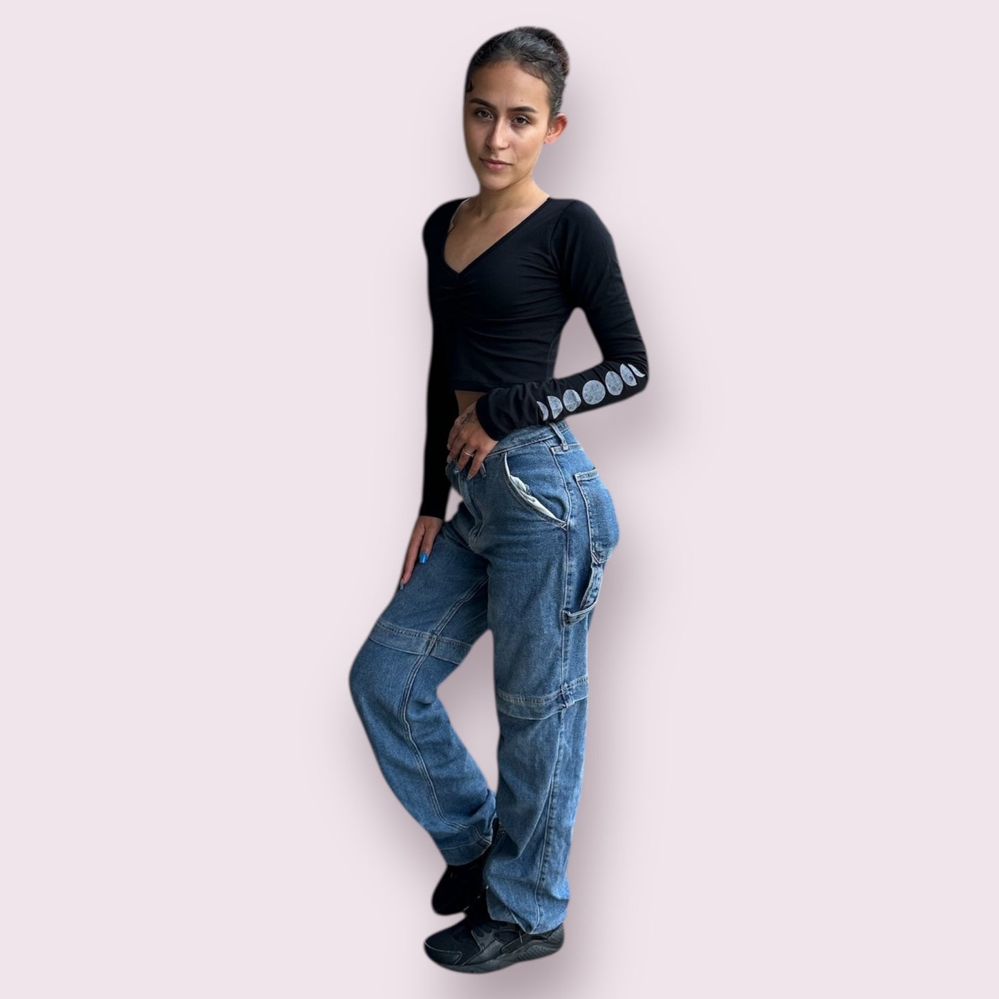 Moon Phases Cinched-Front Top: Black