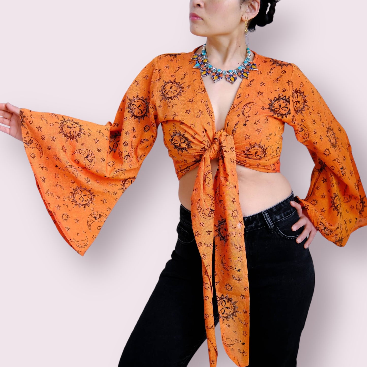 Orange Celestial Print Boho Bell Sleeve Tie Top