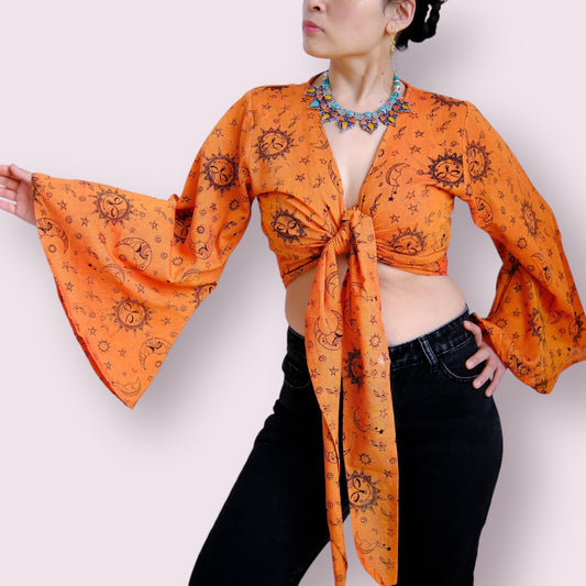 Orange Celestial Print Boho Bell Sleeve Tie Top