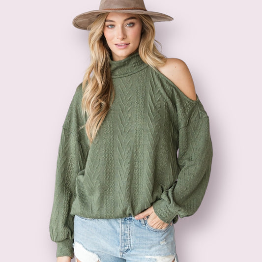 Solid Dark Olive Jacquard Cutout Shoulder Long Sleeve Top