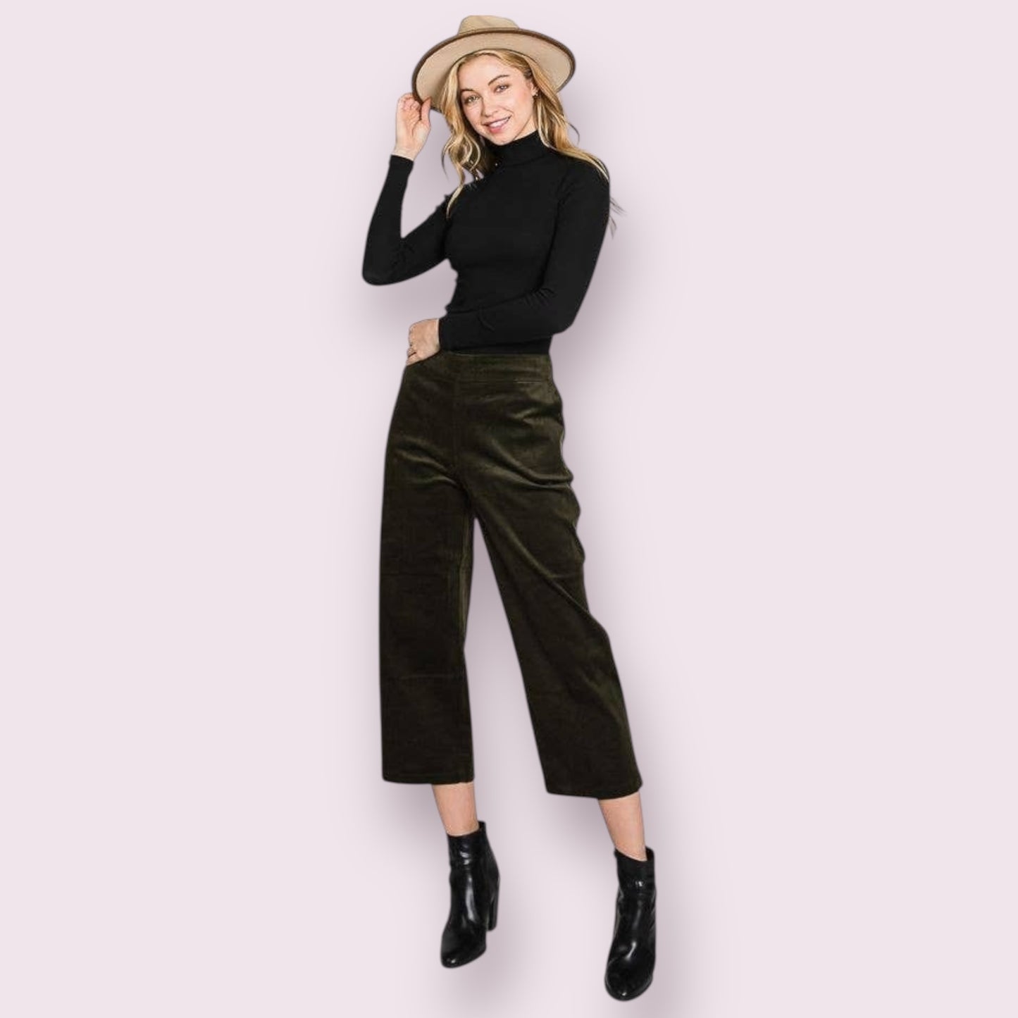 CORDUROY CROP WIDE LEG PANTS: Olive