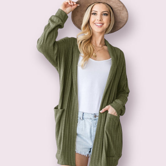 Olive Solid Cashmere Ribbed Pocket Open Cardigan