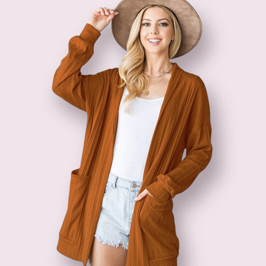 Camel Solid Cashmere Ribbed Pocket Open Cardigan