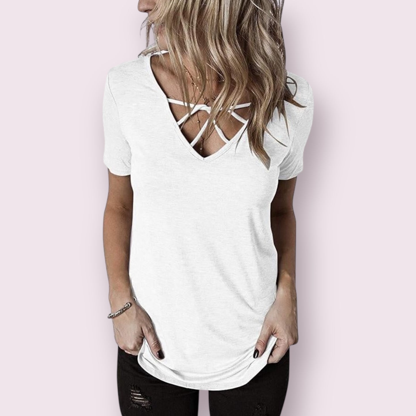 White Short Sleeve Criss Cross V-neck Tee