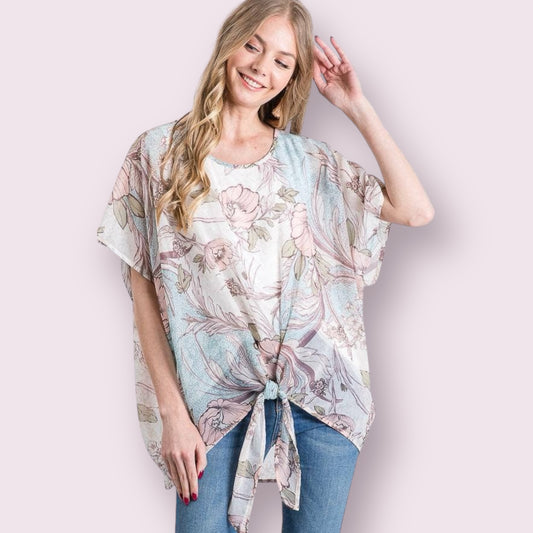 Floral Print Double Layer Top with Tie