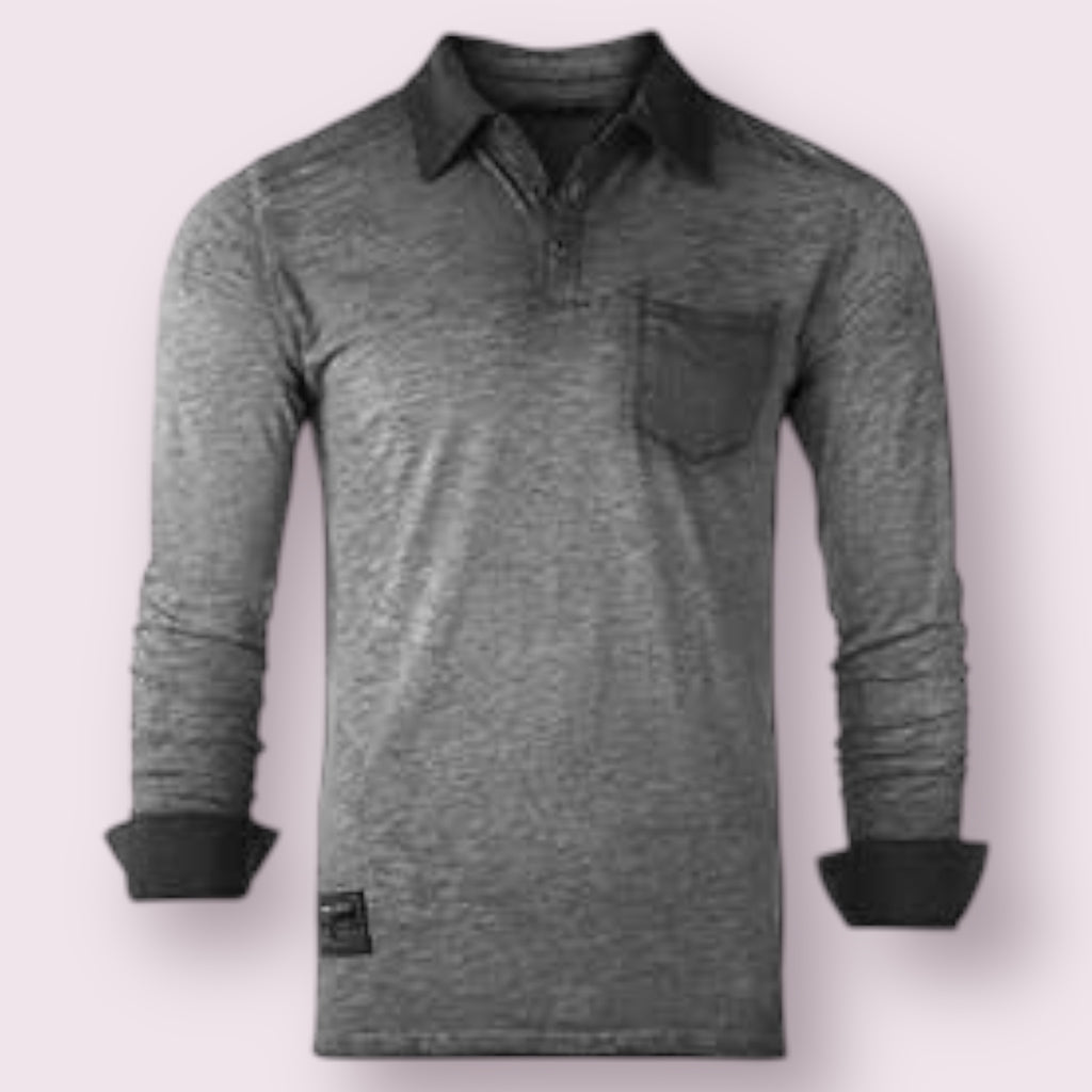 Long Sleeve Vintage Garment Oil Wash Pocket Polo Shirts Charcoal