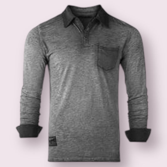 Long Sleeve Vintage Garment Oil Wash Pocket Polo Shirts Charcoal