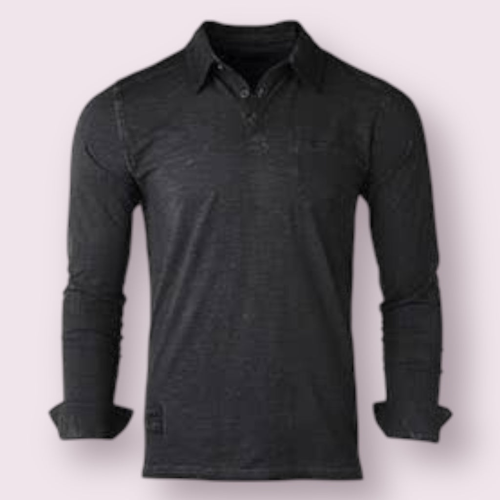 Long Sleeve Vintage Garment Oil Wash Pocket Polo Shirts Black