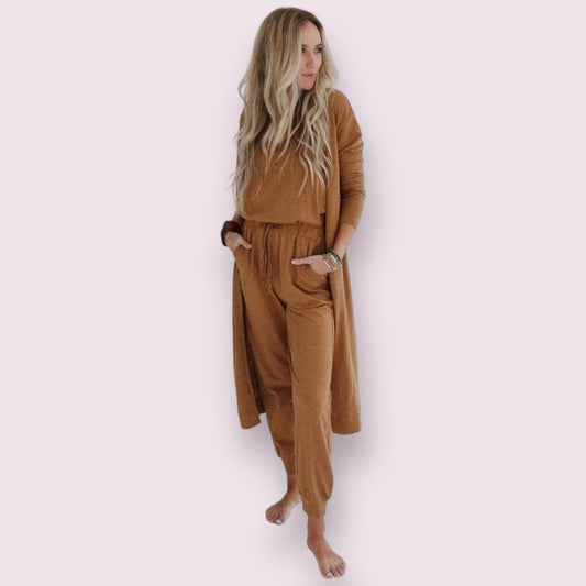 Set to Go Textured Jumpsuit And Cardigan Set - Camel: Ash