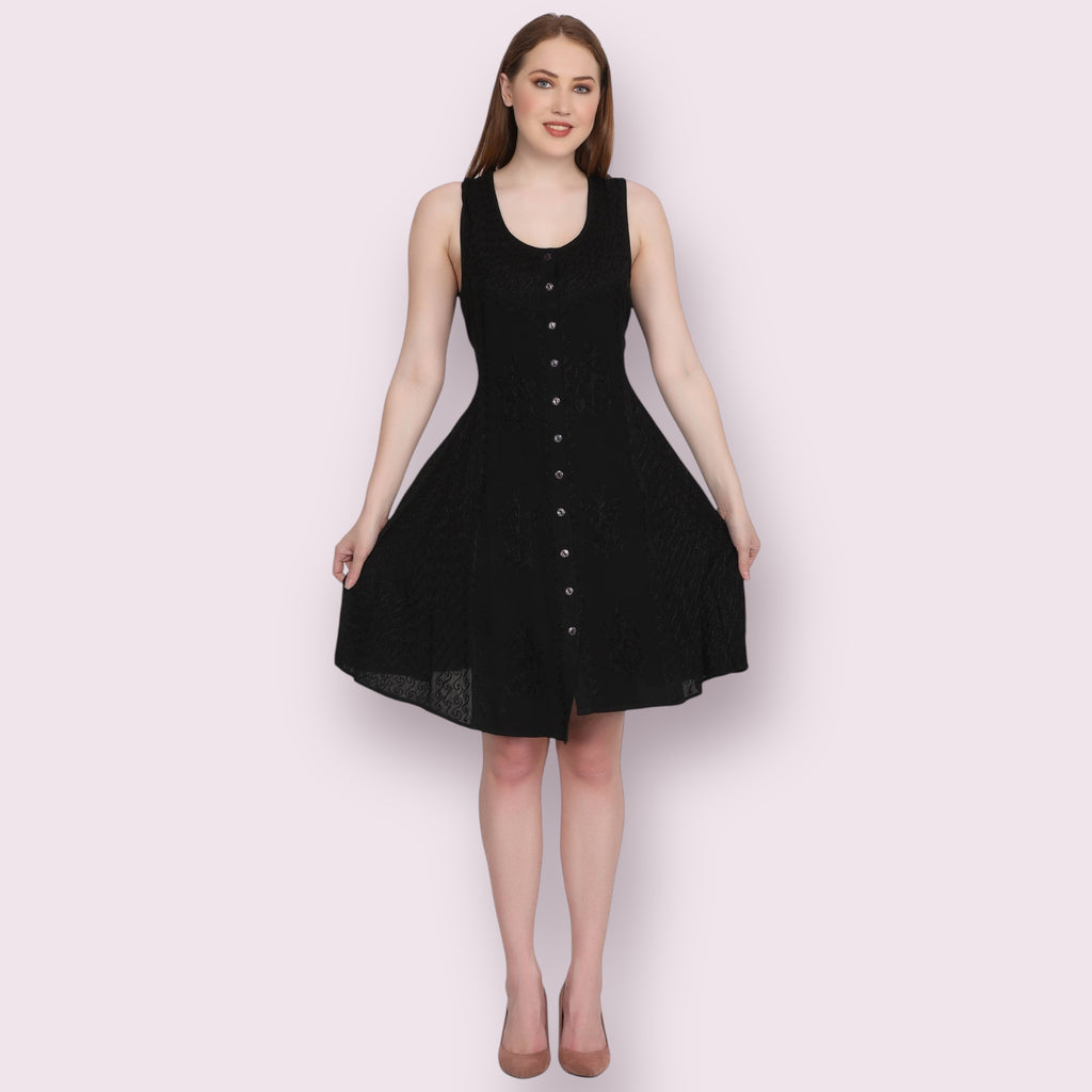 Black Button Up Embroidery Dress
