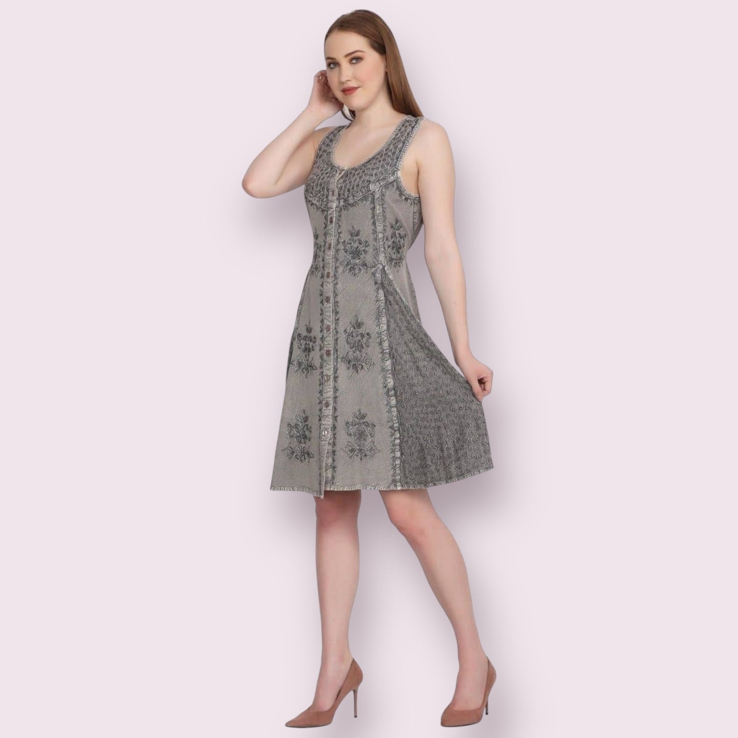 Gray Button Up Embroidery Dress