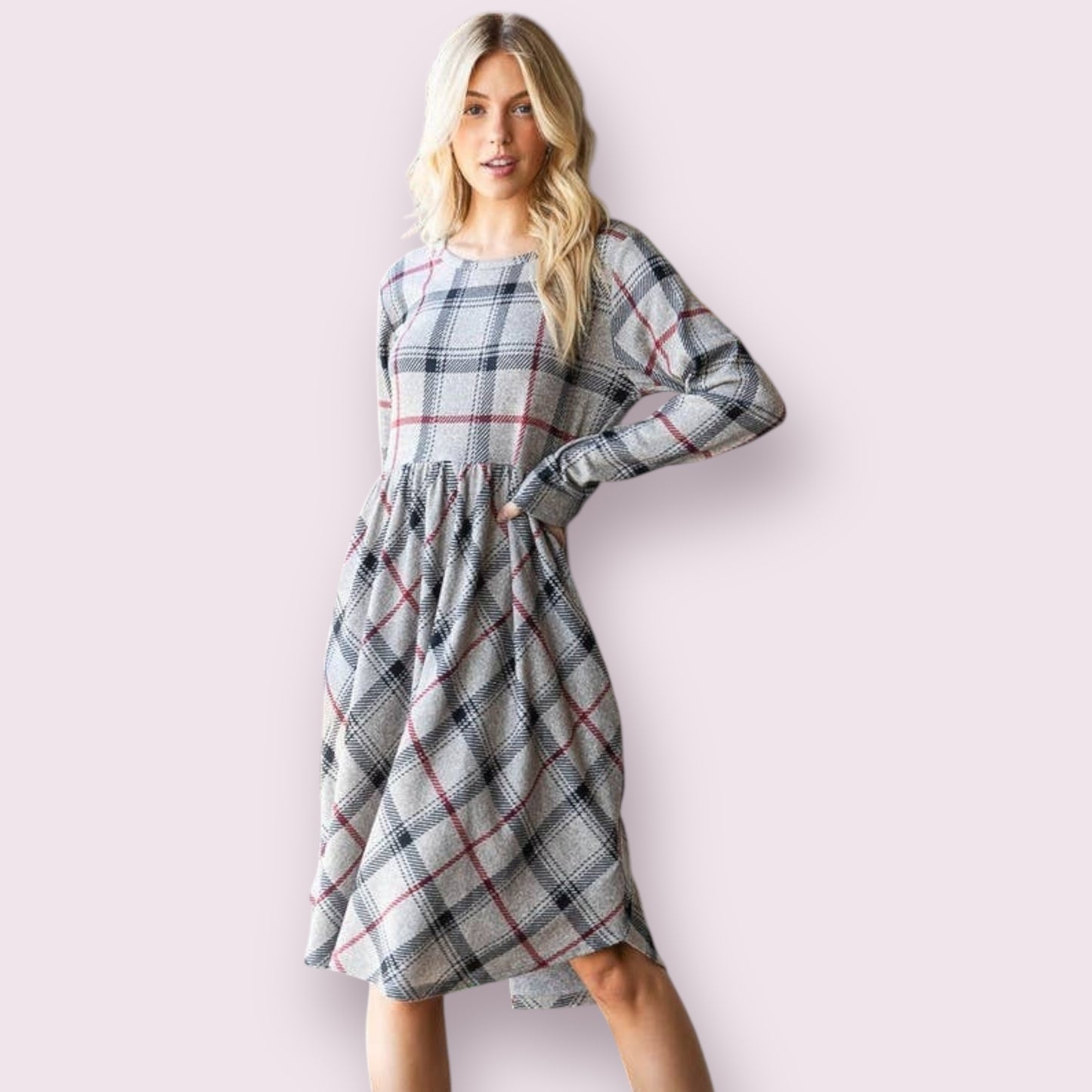 LONG SLEEVE PLAID PLINT DRESS WITH SHIRRING: OATMEAL MULTI