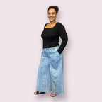 DENIM PLEATED RETRO HIGH-RISE WIDE LEG JEANS: LT.WASH