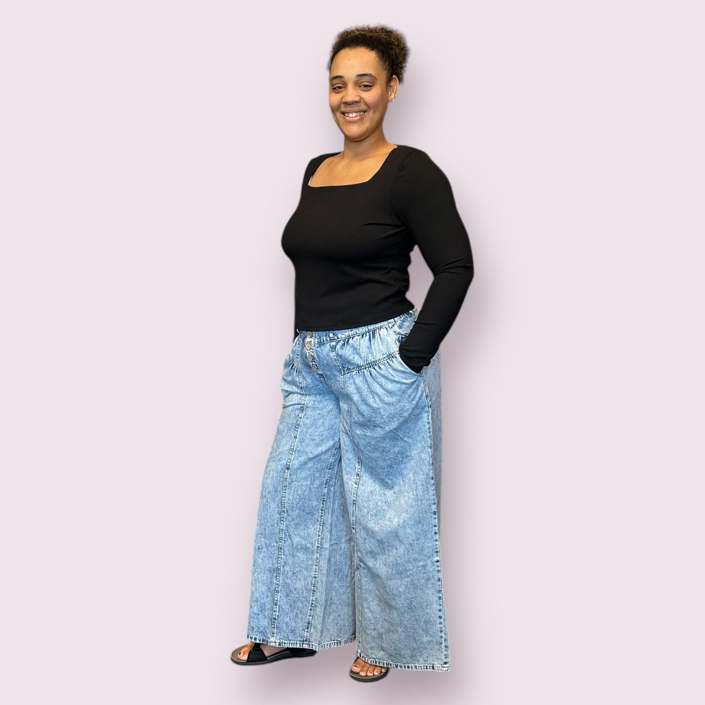 DENIM PLEATED RETRO HIGH-RISE WIDE LEG JEANS: LT.WASH