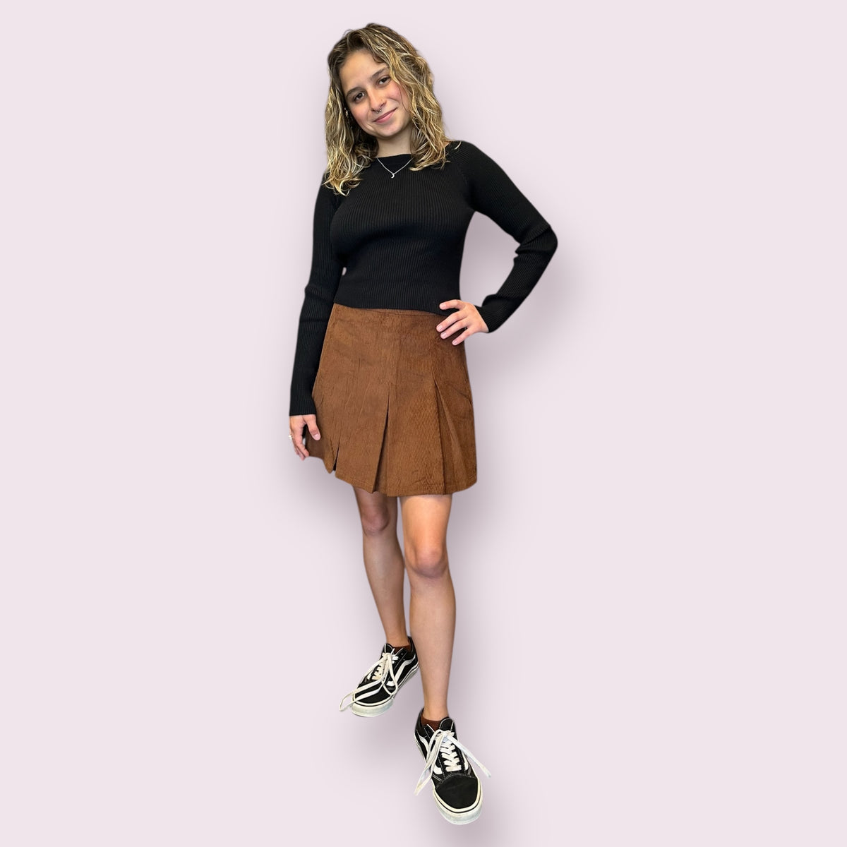 CORDUROY PLEATED MINI SKIRT: Brown