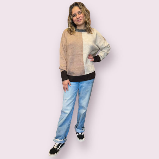 COLORBLOCK FRONT SEAM LONG SLEEVE KNIT SWEATER: KHAKI MULTI