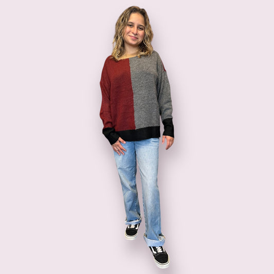 COLORBLOCK FRONT SEAM LONG SLEEVE KNIT SWEATER: RED WOOD MULTI