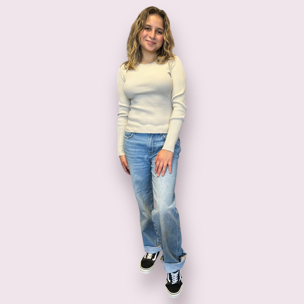 SOLID CREWNECK LONG SLEEVE SWEATER KNIT PULLOVER: NATURAL