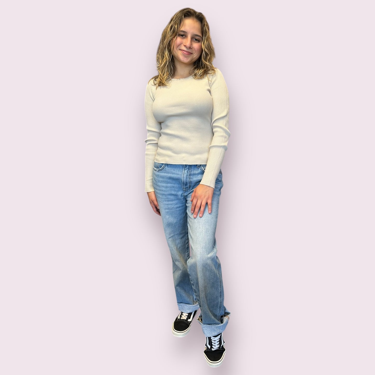 SOLID CREWNECK LONG SLEEVE SWEATER KNIT PULLOVER: NATURAL