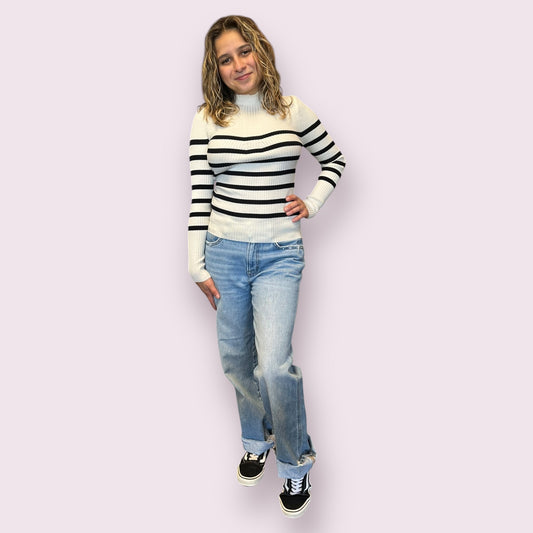 MOCK NECK STRIPE LONG SLEEVE SWEATER KNIT PULLOVER: IVORY