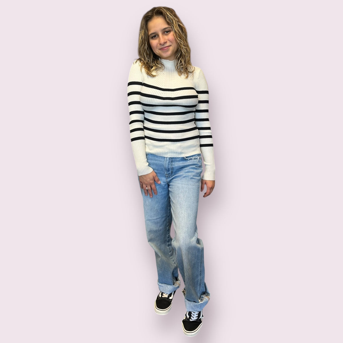 MOCK NECK STRIPE LONG SLEEVE SWEATER KNIT PULLOVER: IVORY