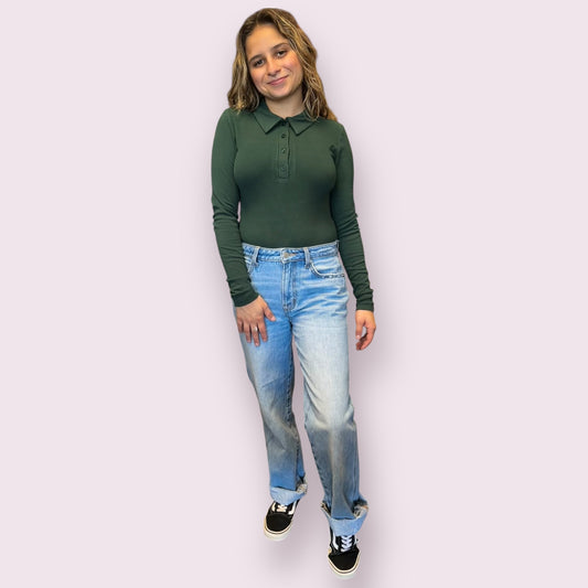 SOLID COLLARED LONG SLEEVE BODYSUIT: HUNTER GREEN