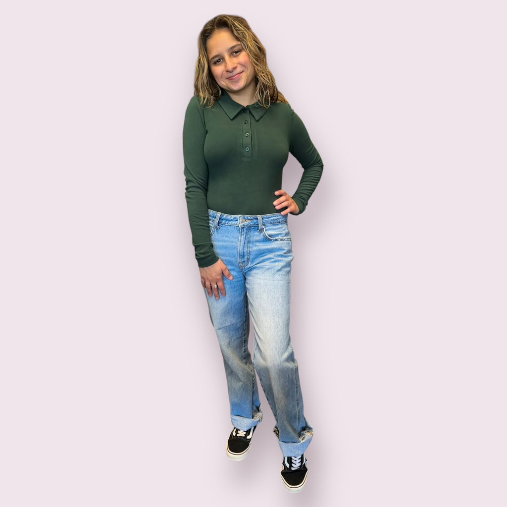 SOLID COLLARED LONG SLEEVE BODYSUIT: HUNTER GREEN