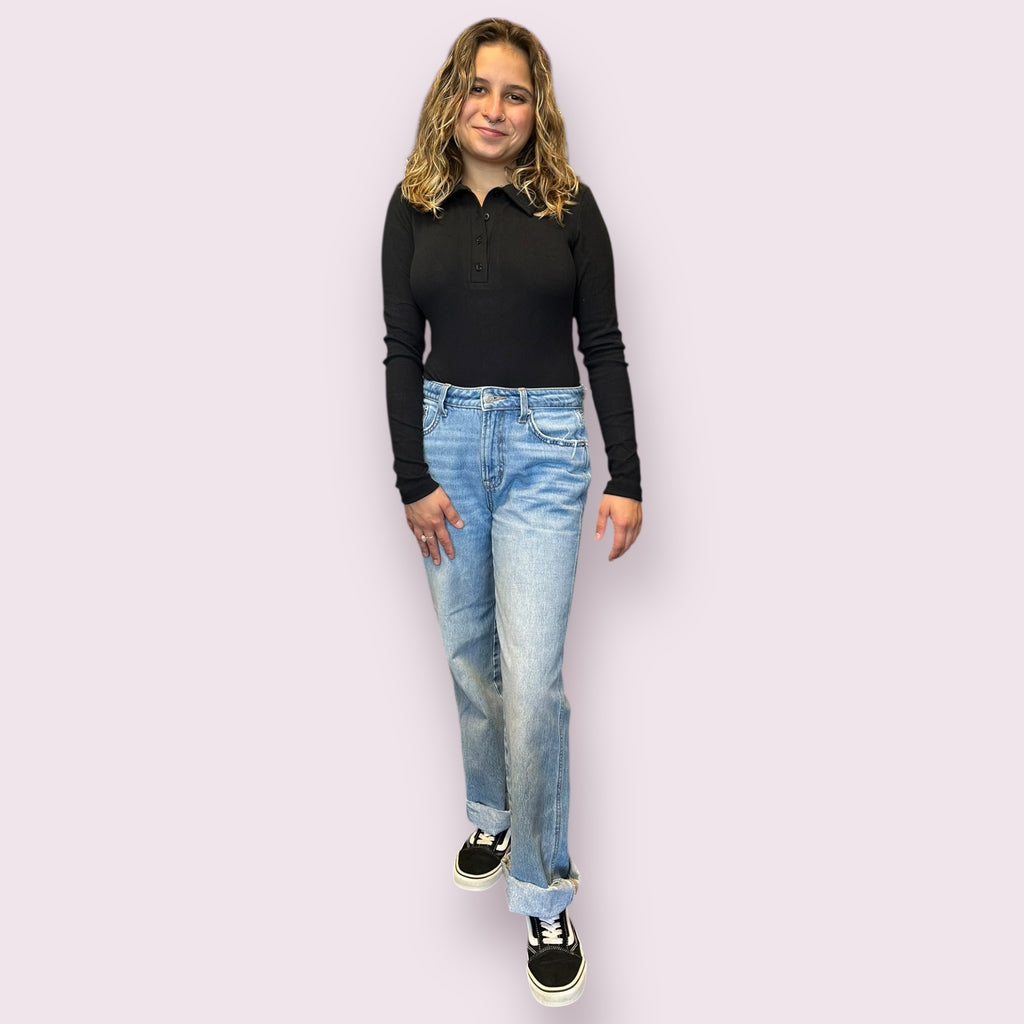 SOLID COLLARED LONG SLEEVE BODYSUIT: BLACK