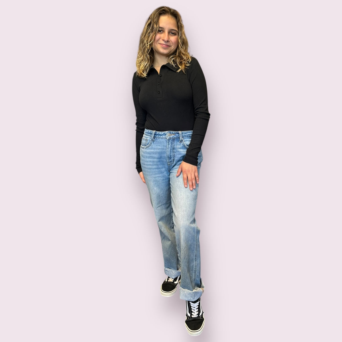 SOLID COLLARED LONG SLEEVE BODYSUIT: BLACK