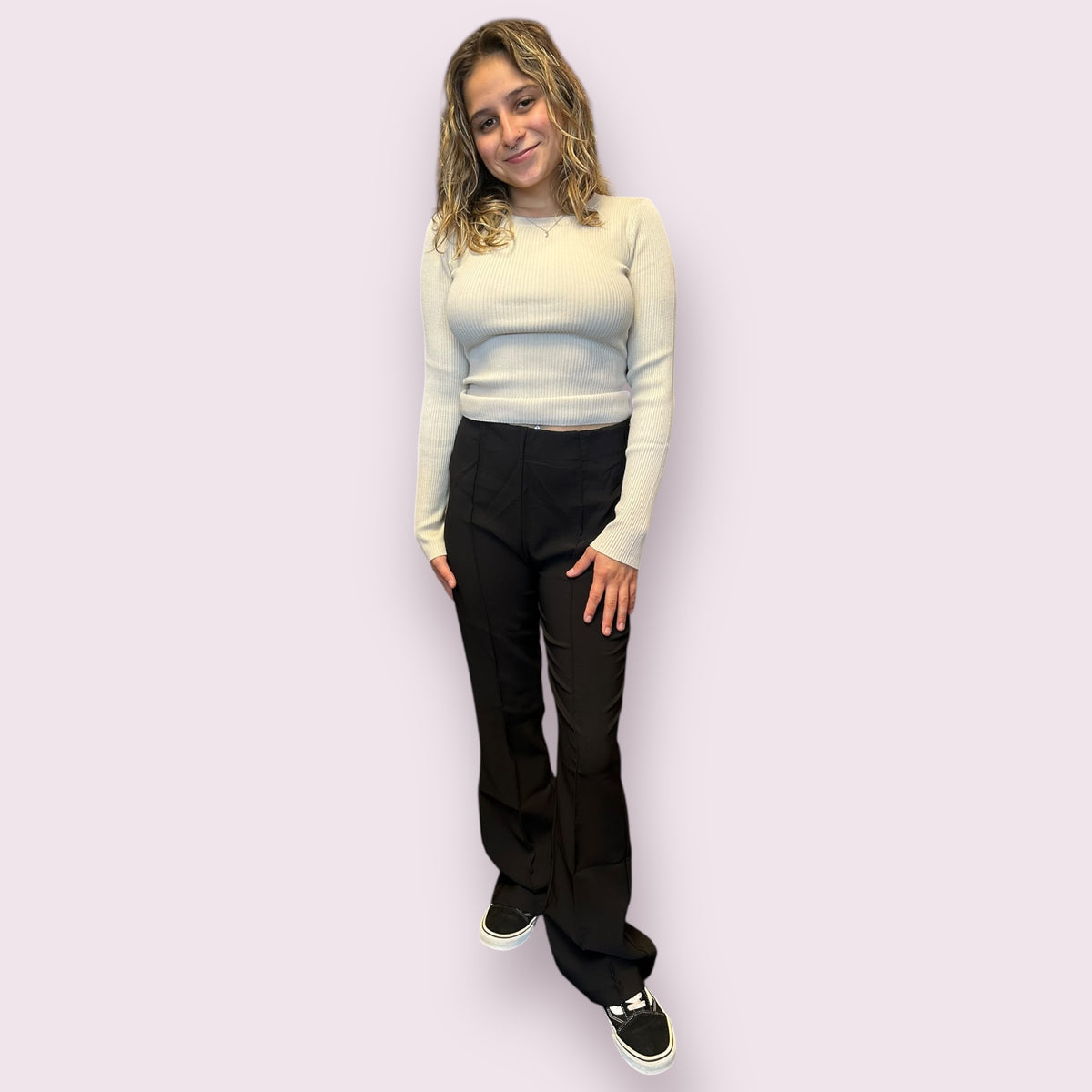 HIGH WAIST BELL BOTTOM DRESS PANTS: BLACK