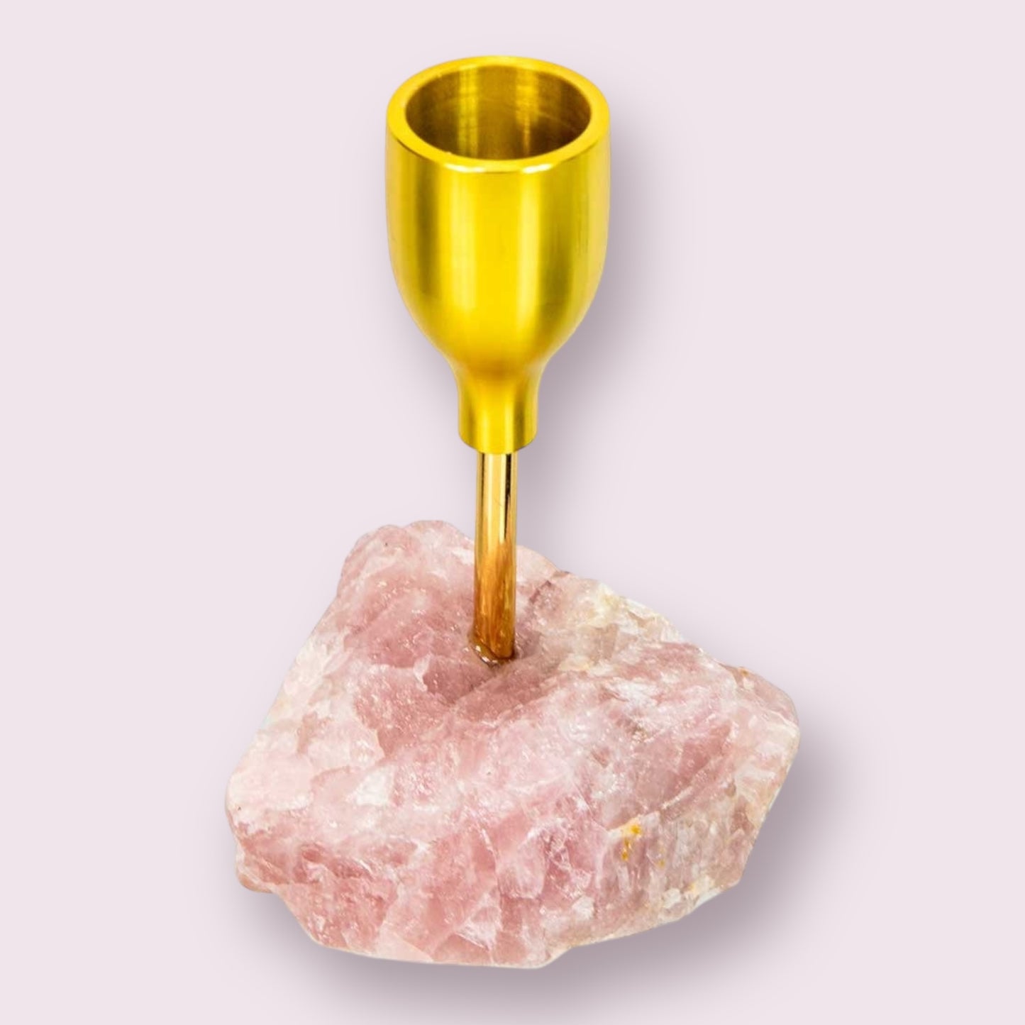Brass Taper Candle Holder - Rough Rose Quartz