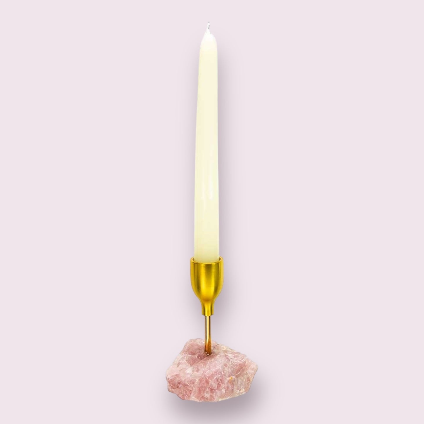 Brass Taper Candle Holder - Rough Rose Quartz