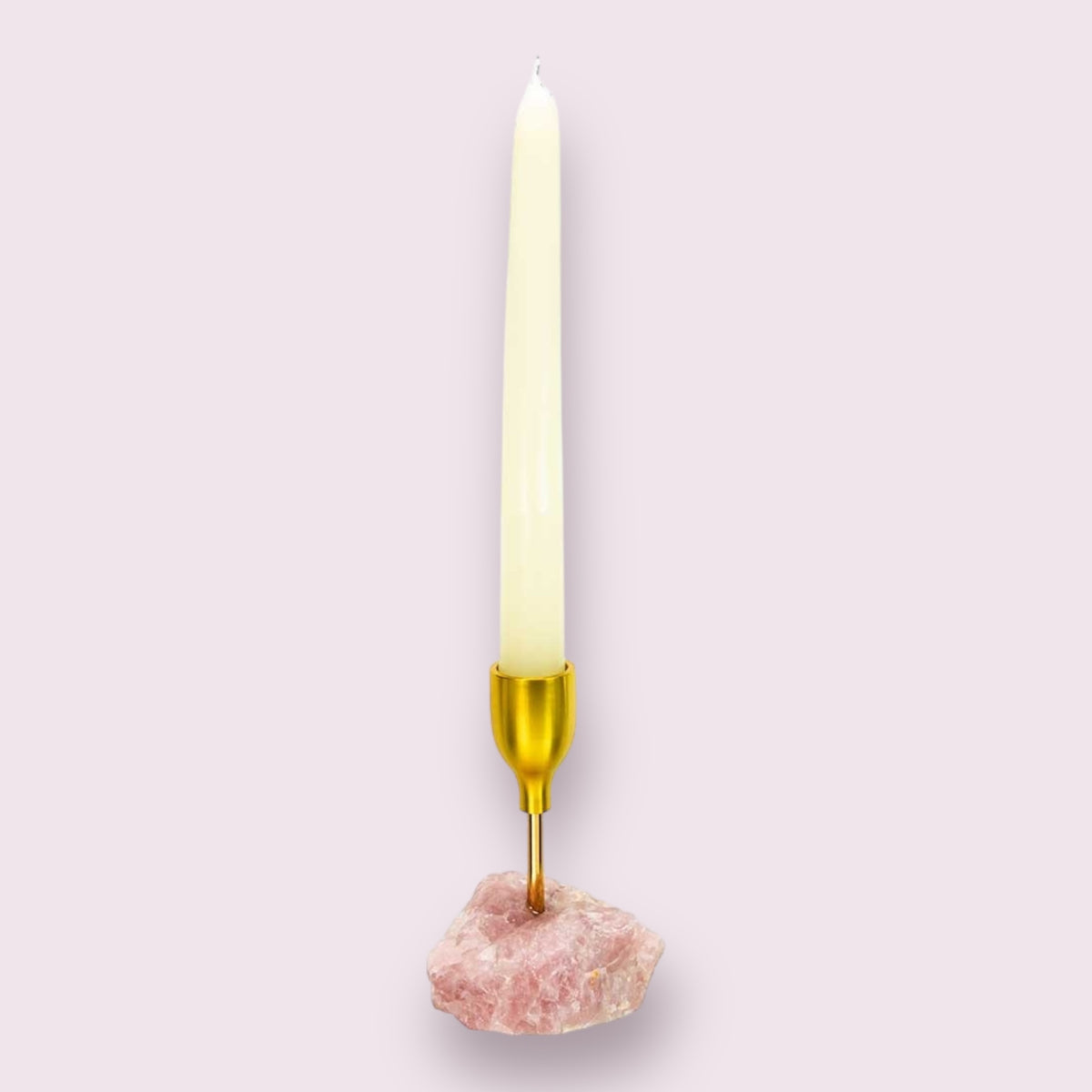 Brass Taper Candle Holder - Rough Rose Quartz