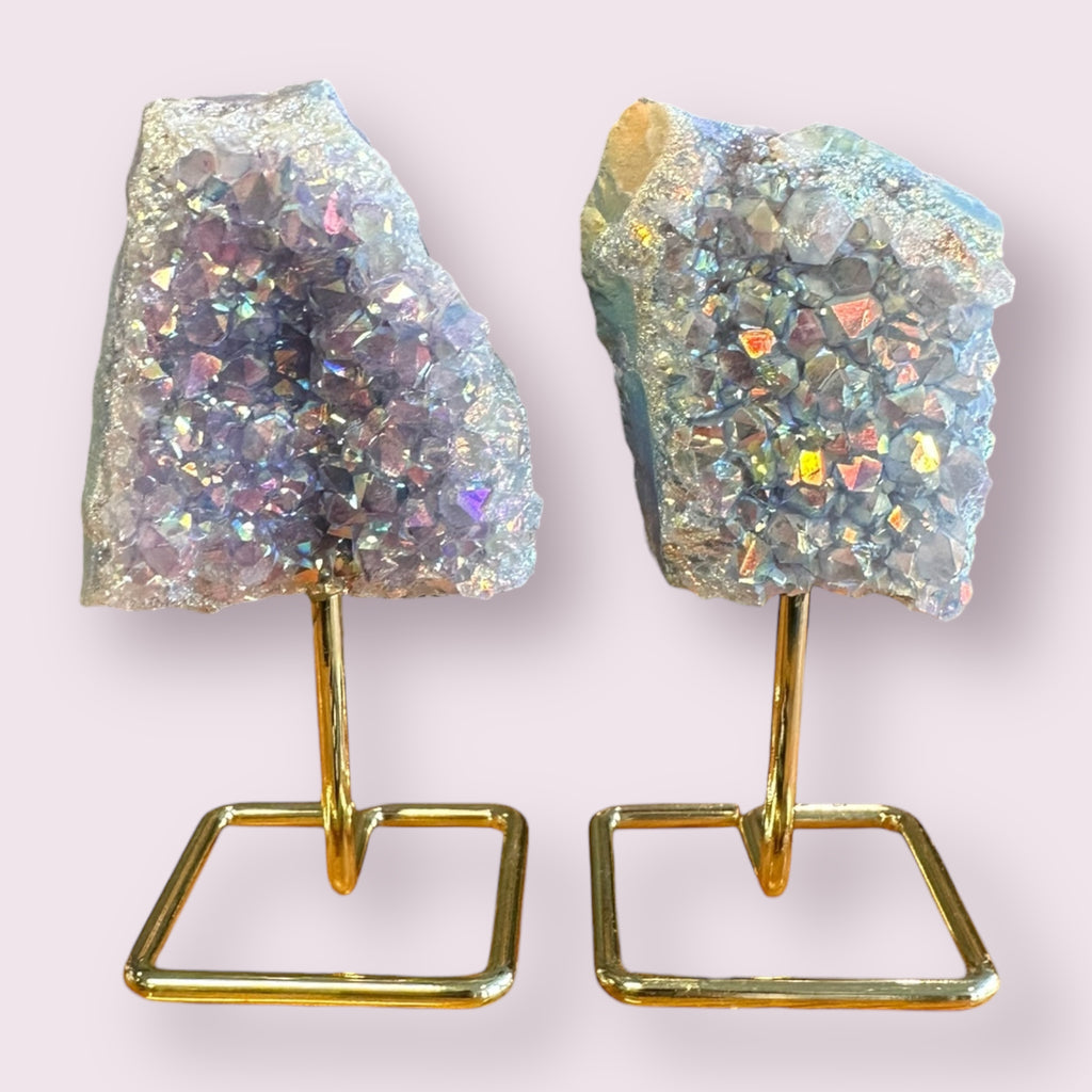 Gemstone Angel Aura Amethyst Cluster on Metal Stand