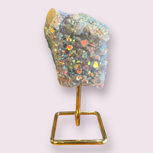 Gemstone Angel Aura Amethyst Cluster on Metal Stand