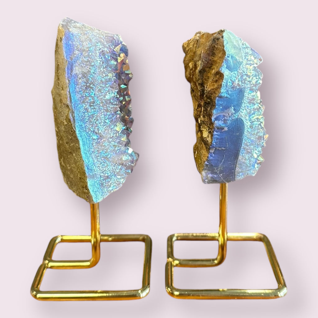 Gemstone Angel Aura Amethyst Cluster on Metal Stand