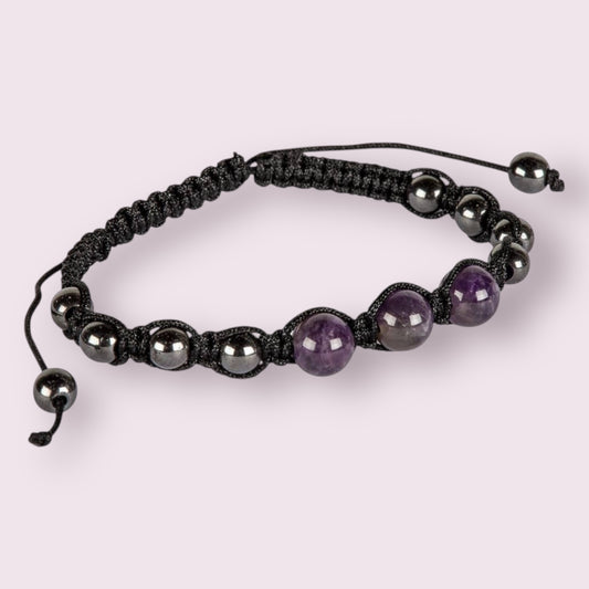 Adjustable Hematite Crystal & Gemstone Beaded Bracelets: AMETHYST